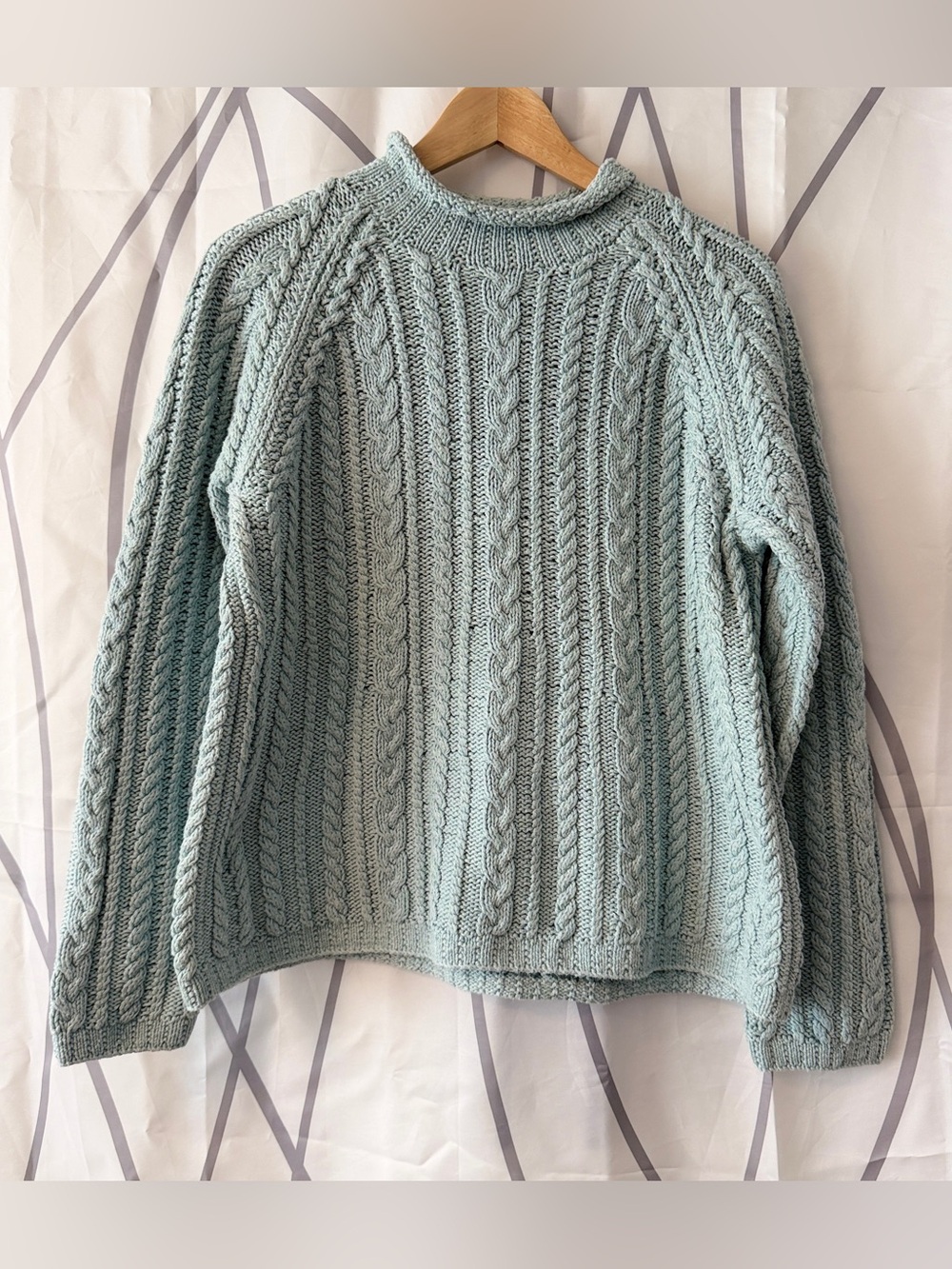 Lands' End Women Large Cable Knit Roll Neck Old Money Fisherman Nautical Sweater